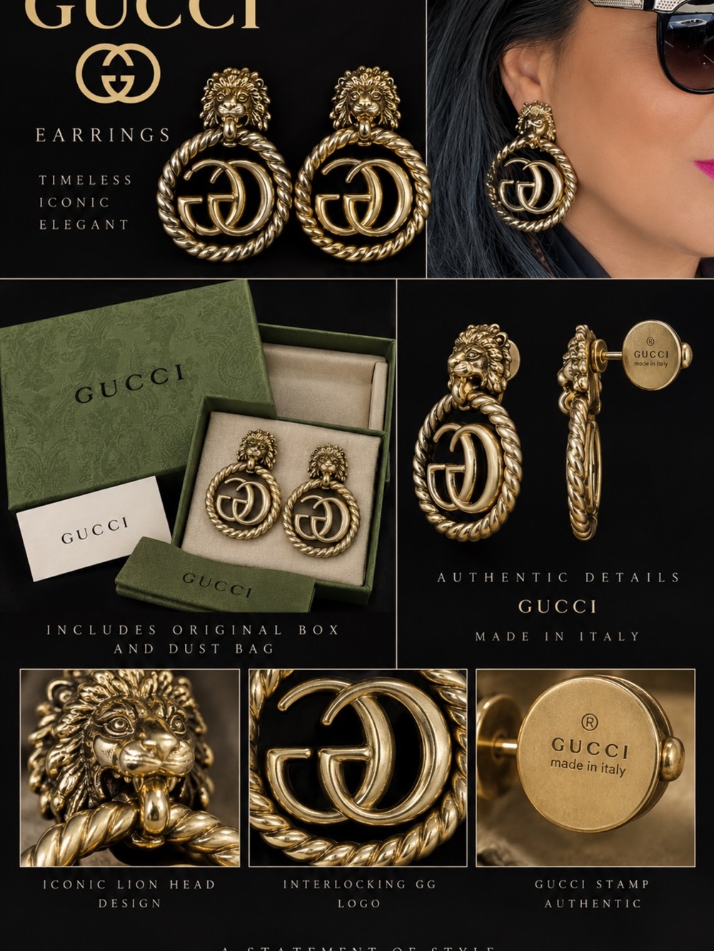 Gucci Gold Lion Head Interlocking GG Earrings